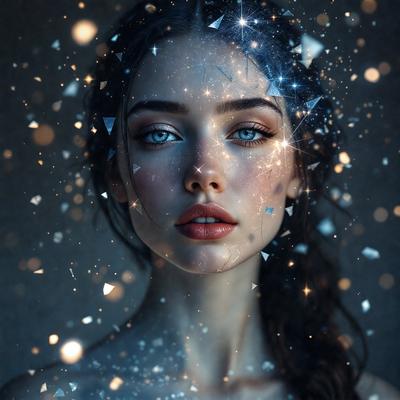 The primary subject of the image is a woman with a blue eye, who is the main focus of the scene. She is surrounded by a backdrop of sparkling lights, which creates a visually appealing and artistic atmosphere. The visual style of the image is a combination of photo and digital art, as it captures the woman's beauty and the sparkling lights in a unique and creative manner. The colors and mood of the image are predominantly blue and serene, with the woman's blue eye adding a